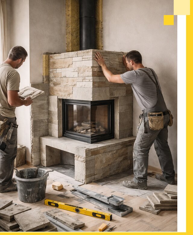 Угловые камины под ключ проект, монтаж и отделка в Дзержинском