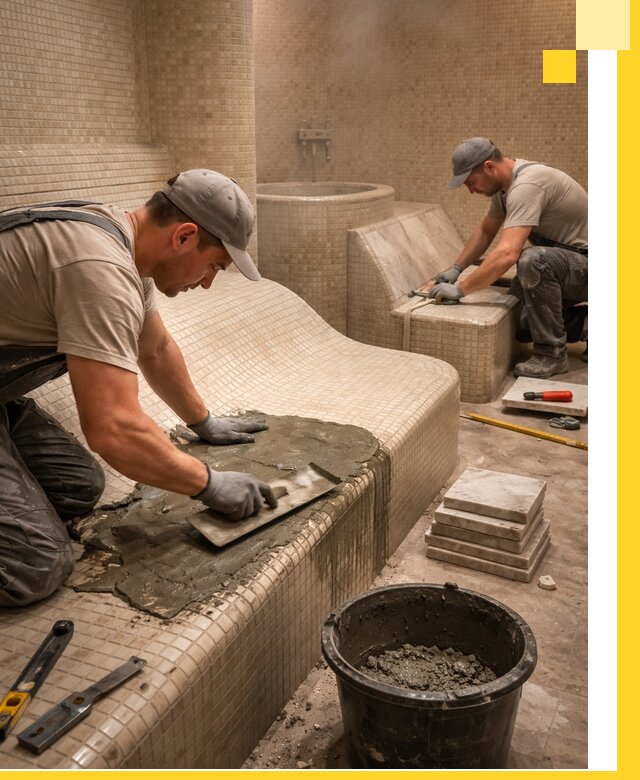 Лежаки для хамама под ключ в Дзержинском, проект и монтаж